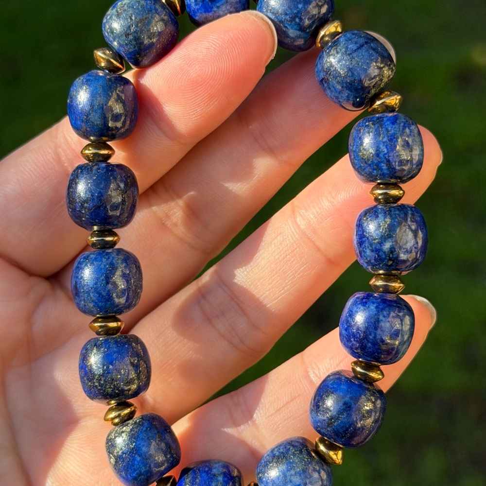 12mm stretchable‎ stainless steel lapis lazuli barrel bracelet 0770 - Picture 3 of 10